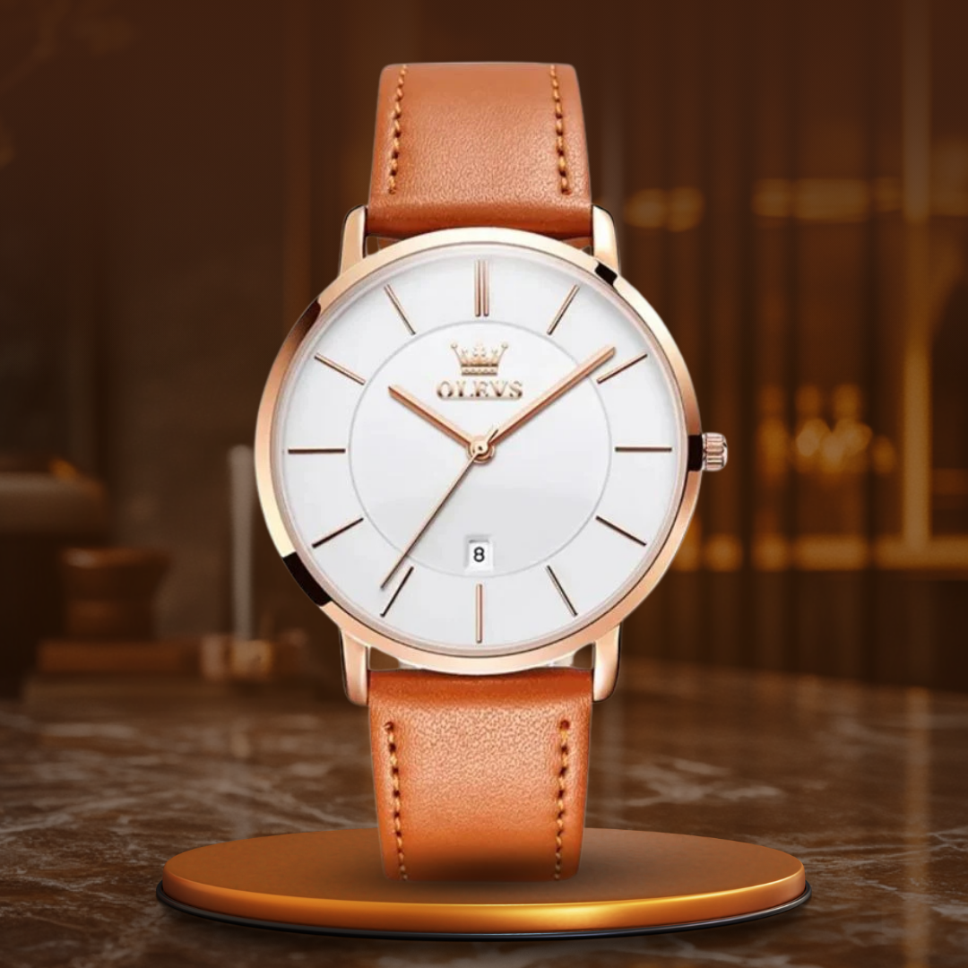 Wasserdichte Lederarmbanduhr mit Datumsanzeige